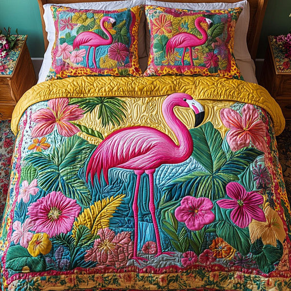 Blush Beauty quilted 3-piece bedding set on a made bed with two matching pillow shams