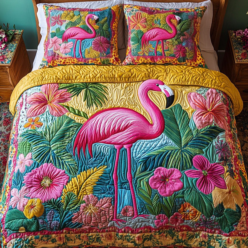 Blush Beauty quilted 3-piece bedding set on a made bed with two matching pillow shams