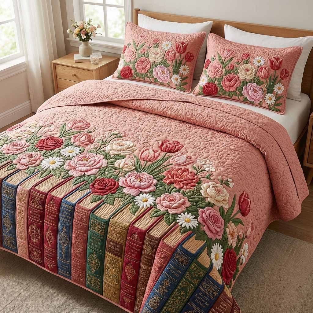 Blush Classics quilted 3-piece bedding set on a made bed in a farmhouse bedroom