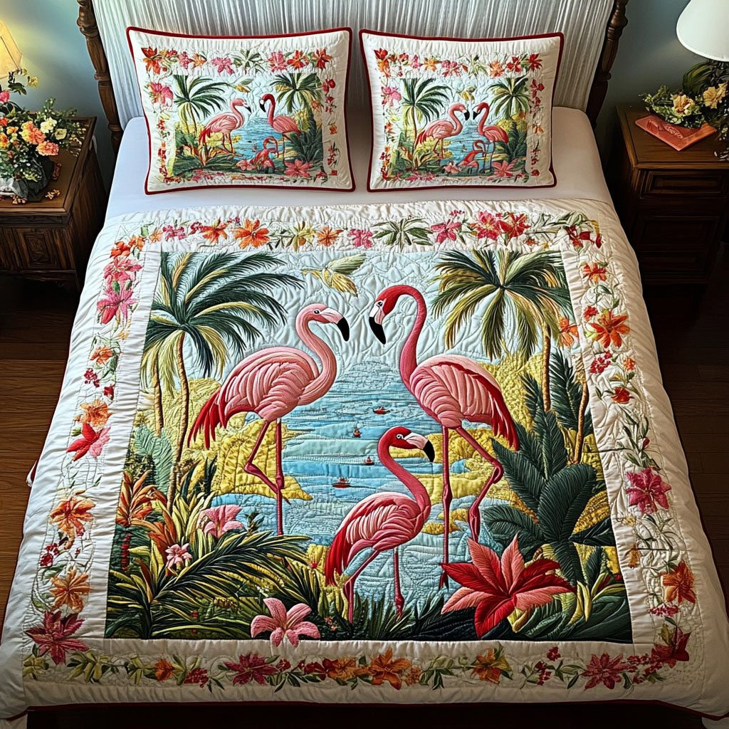 Blush Feathers quilted 3-piece bedding set on a made bed with two matching pillow shams