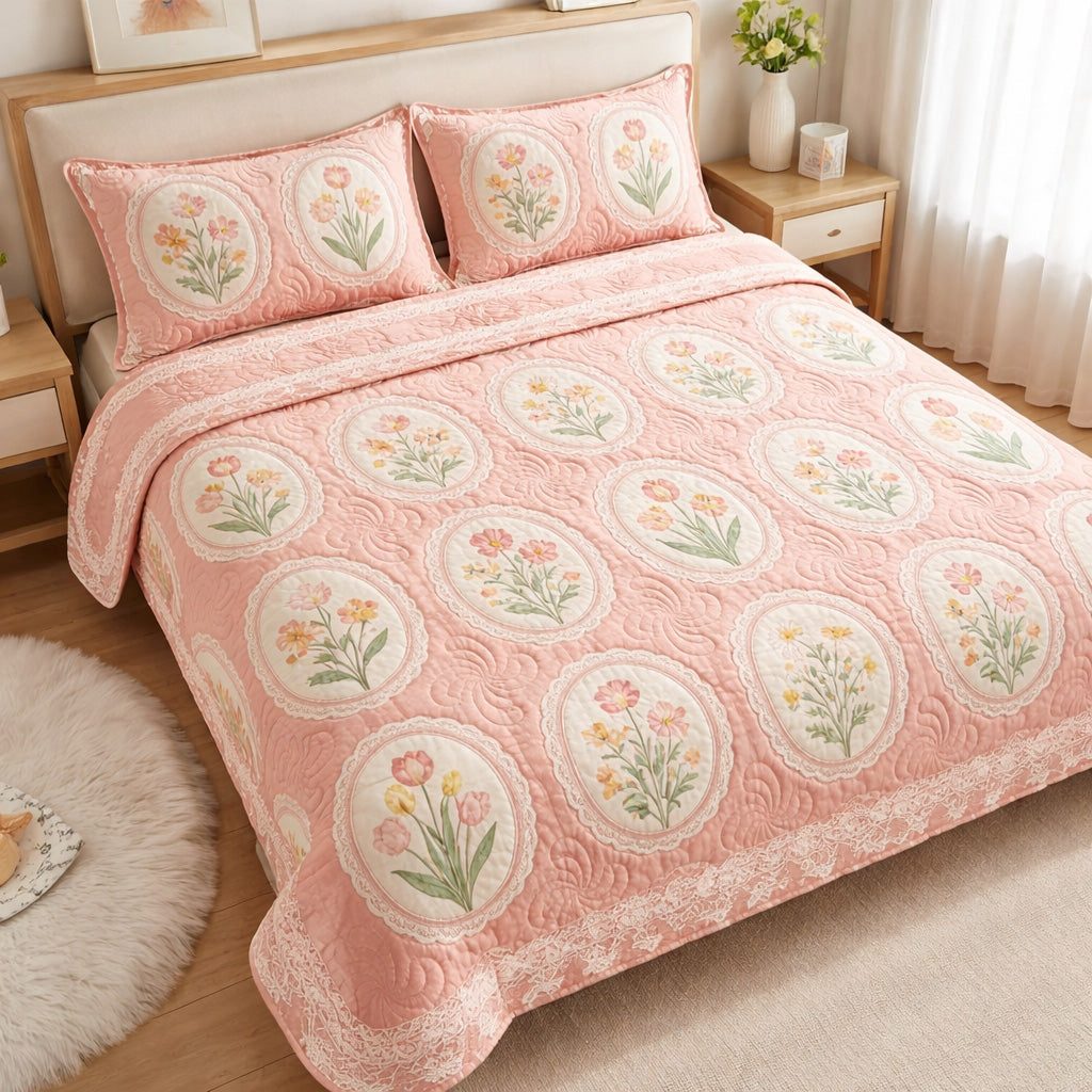 Blush Garden Charm quilted 3-piece bedding set on a made bed with two matching pillow shams