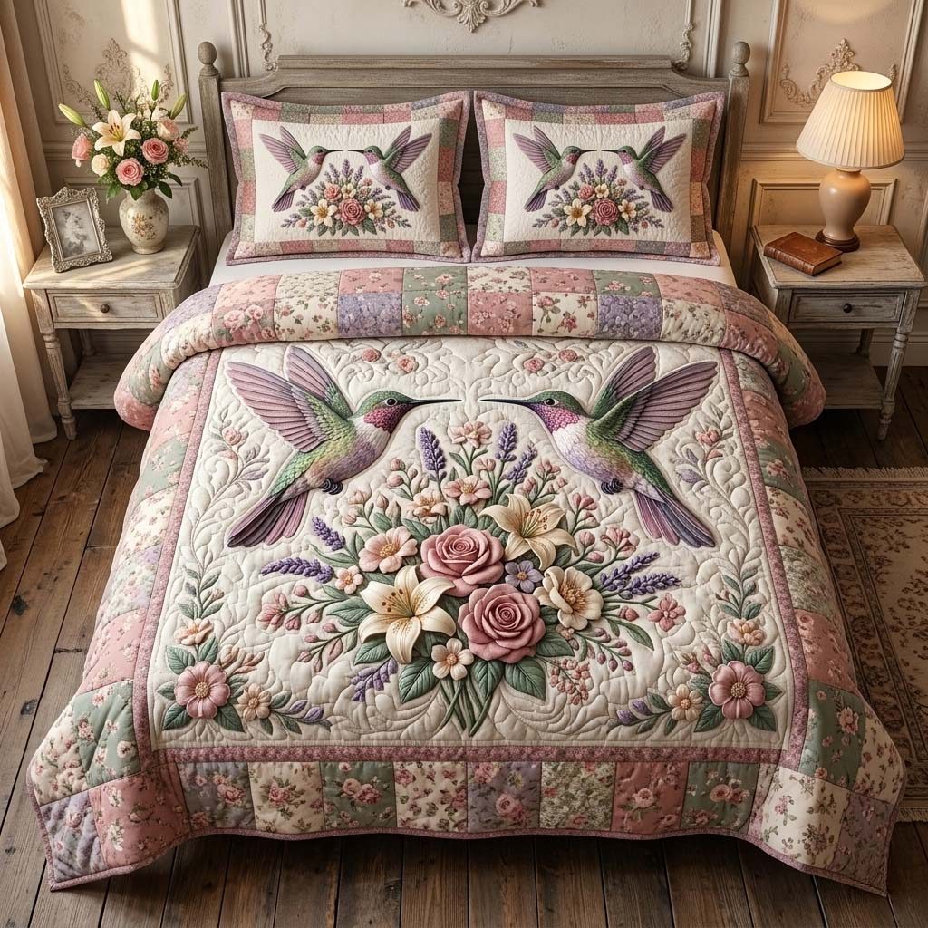 Blush Humming quilted 3-piece bedding set on a made bed with two matching pillow shams