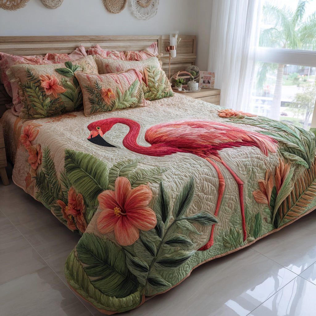 Blush Paradise quilted 3-piece bedding set on a made bed with two matching pillow shams