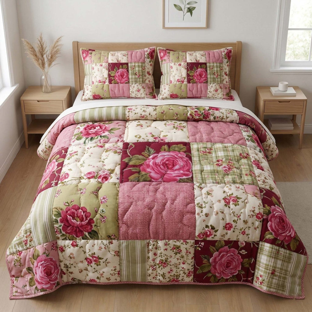 Blush Roses quilted 3-piece bedding set on a made bed with two matching pillow shams