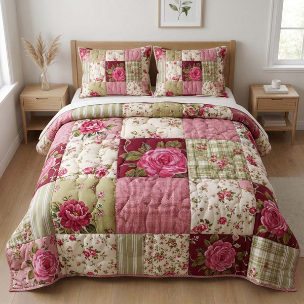 Blush Roses quilted 3-piece bedding set on a made bed with two matching pillow shams