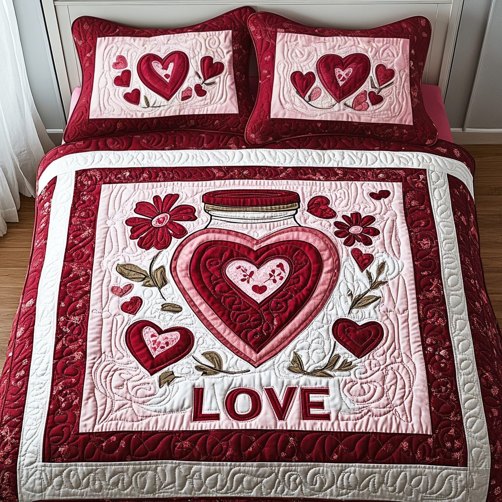 Blushing Hearts quilted 3-piece bedding set on a made bed with two matching pillow shams