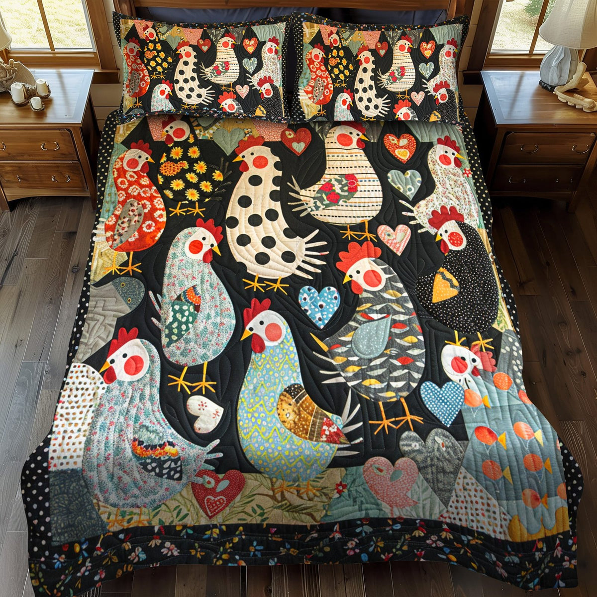 Blushing Hens quilted 3-piece bedding set on a made bed with two matching pillow shams