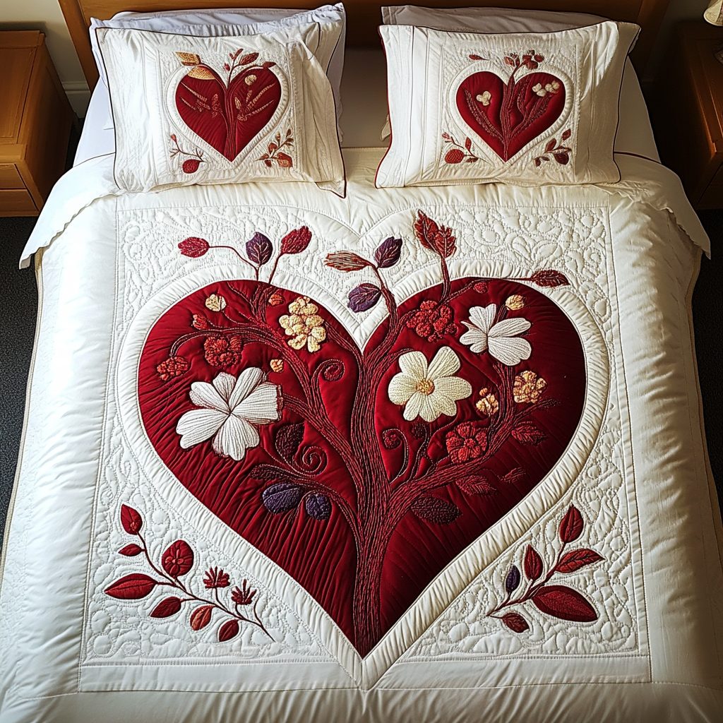 Blushing Love quilted 3-piece bedding set on a made bed with two matching pillow shams