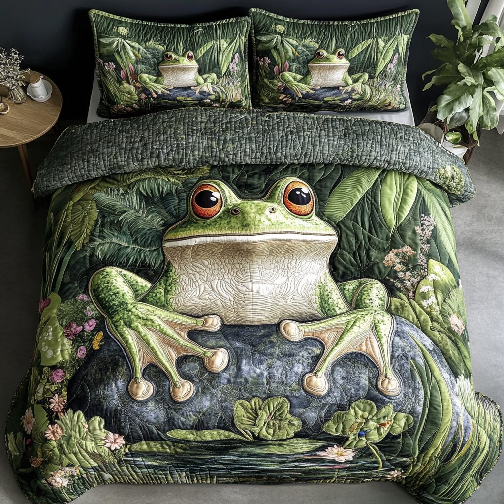 Bog Whisper quilted 3-piece bedding set on a made bed with two matching pillow shams