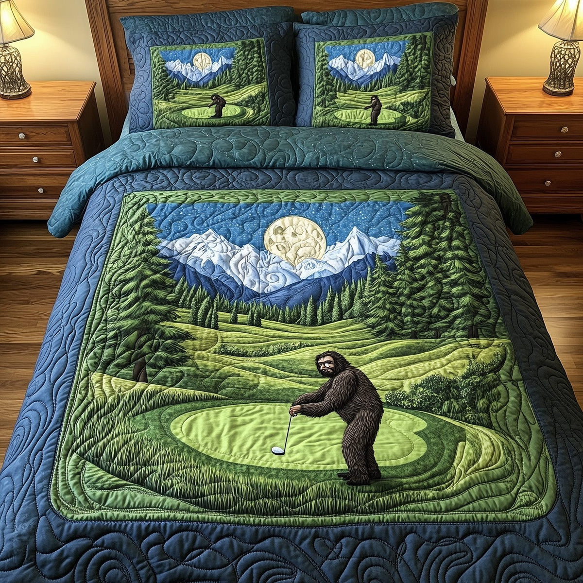 Bogey Putt quilted 3-piece bedding set on a made bed with two matching pillow shams