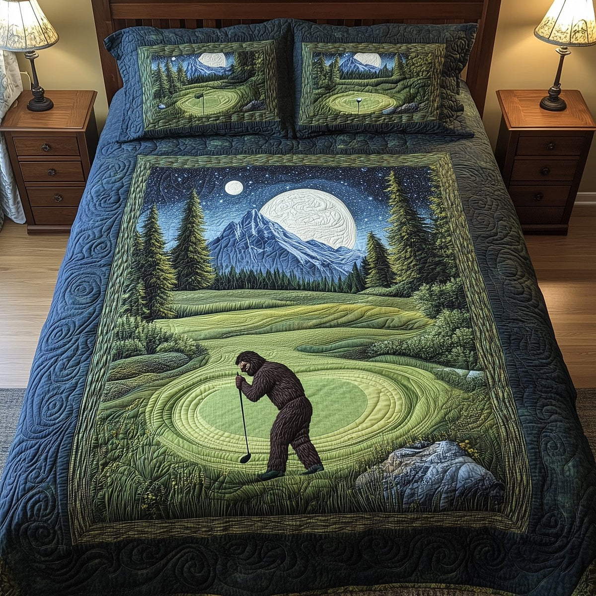 Bogey Putt quilted 3-piece bedding set on a made bed with two matching pillow shams