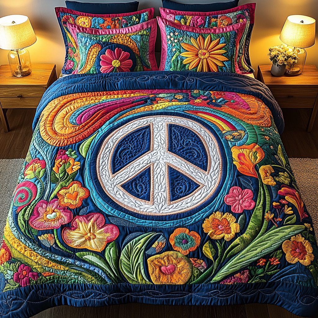Bohemian Bliss quilted 3-piece bedding set on a made bed with two matching pillow shams