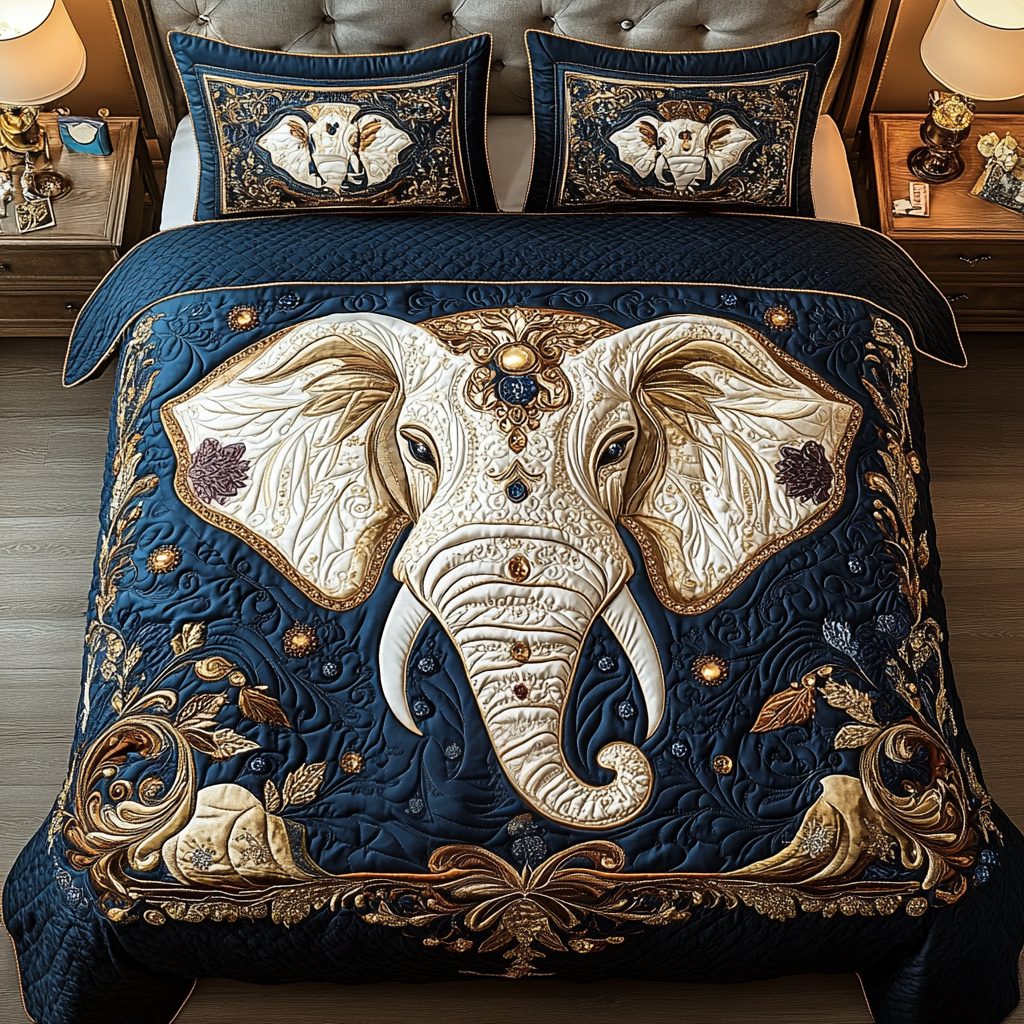 Bohemian Elephant quilted 3-piece bedding set on a made bed with two matching pillow shams
