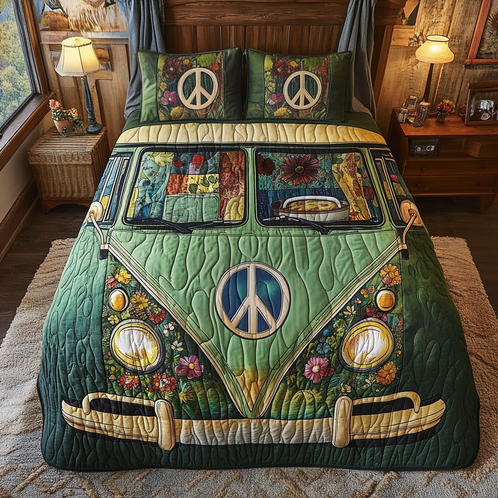 Bohemian Green Ride quilted 3-piece bedding set on a made bed with two matching pillow shams