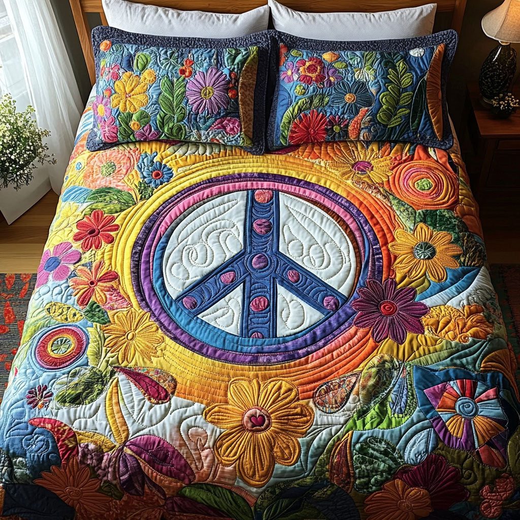 Boho Bliss quilted 3-piece bedding set on a made bed with two matching pillow shams