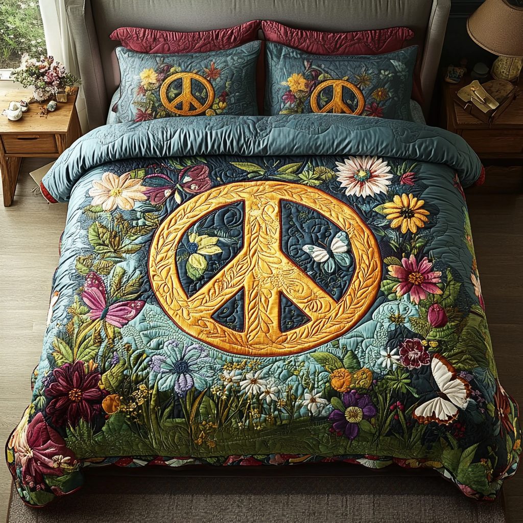 Boho Bliss quilted 3-piece bedding set on a made bed with two matching pillow shams