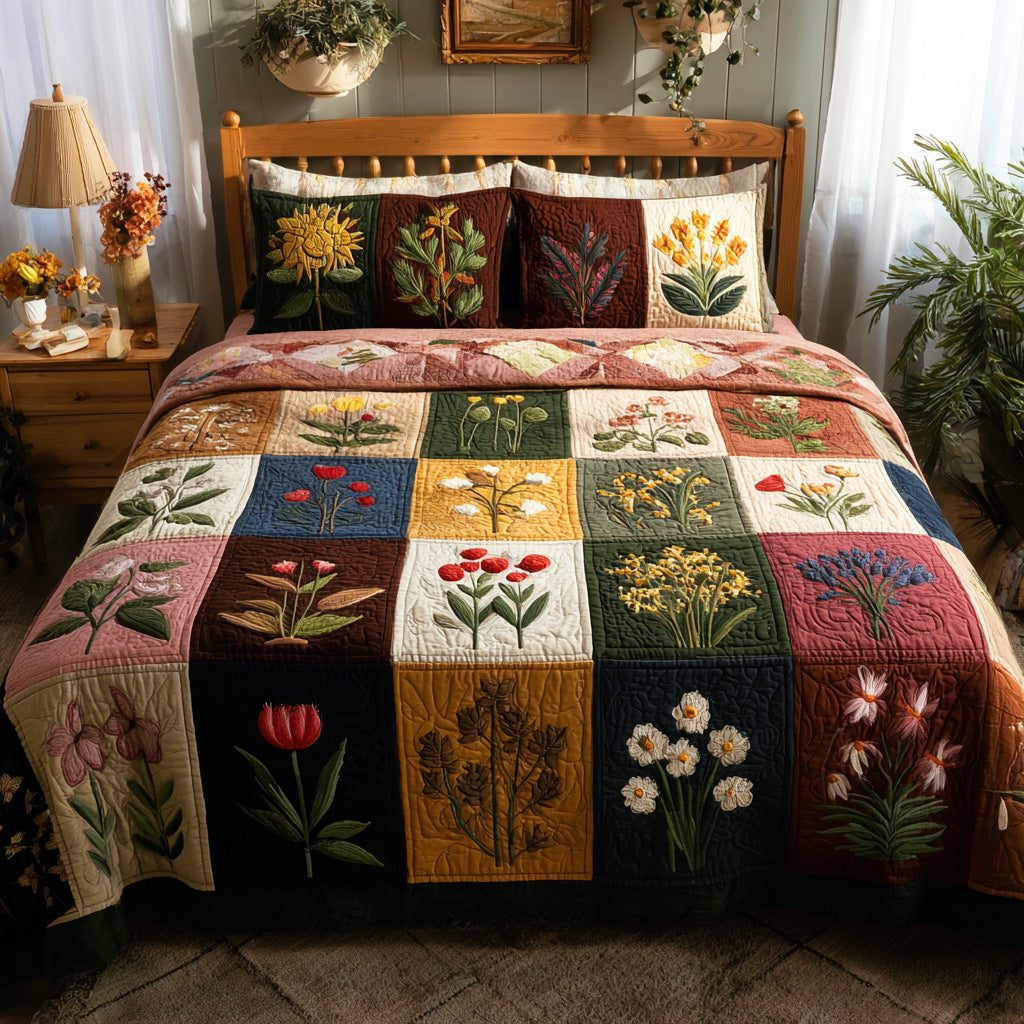 Boho Blooms quilted 3-piece bedding set on a made bed with two matching pillow shams