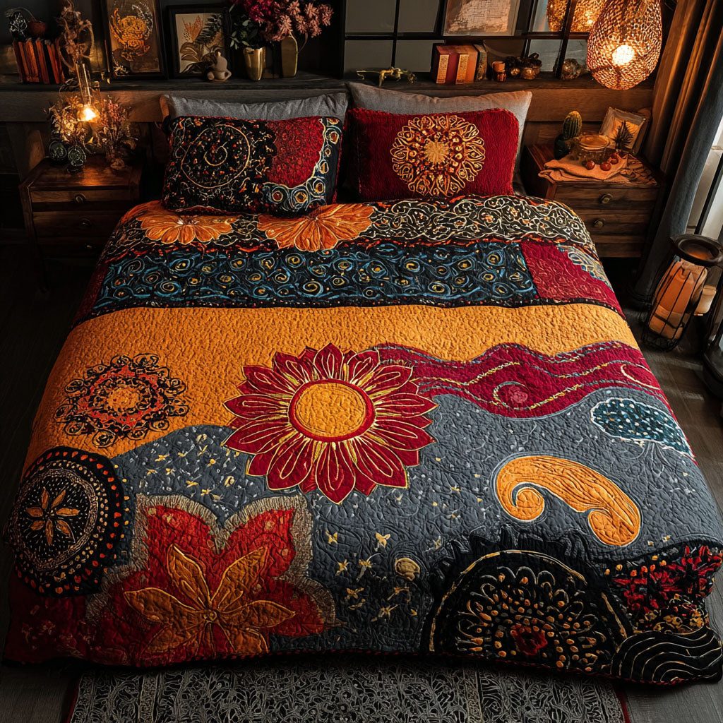 Boho Botanica quilted 3-piece bedding set on a made bed with two matching pillow shams