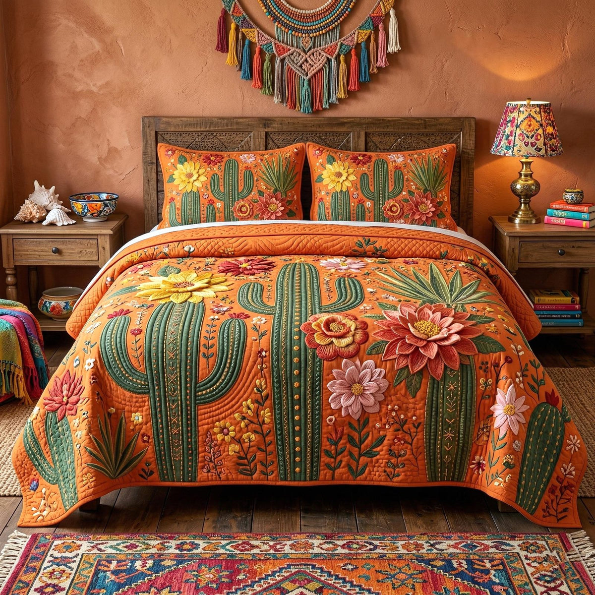 Boho Cactus quilted 3-piece bedding set on a made bed with two matching pillow shams