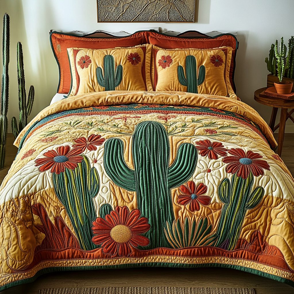 Boho Cactus quilted 3-piece bedding set on a made bed with two matching pillow shams