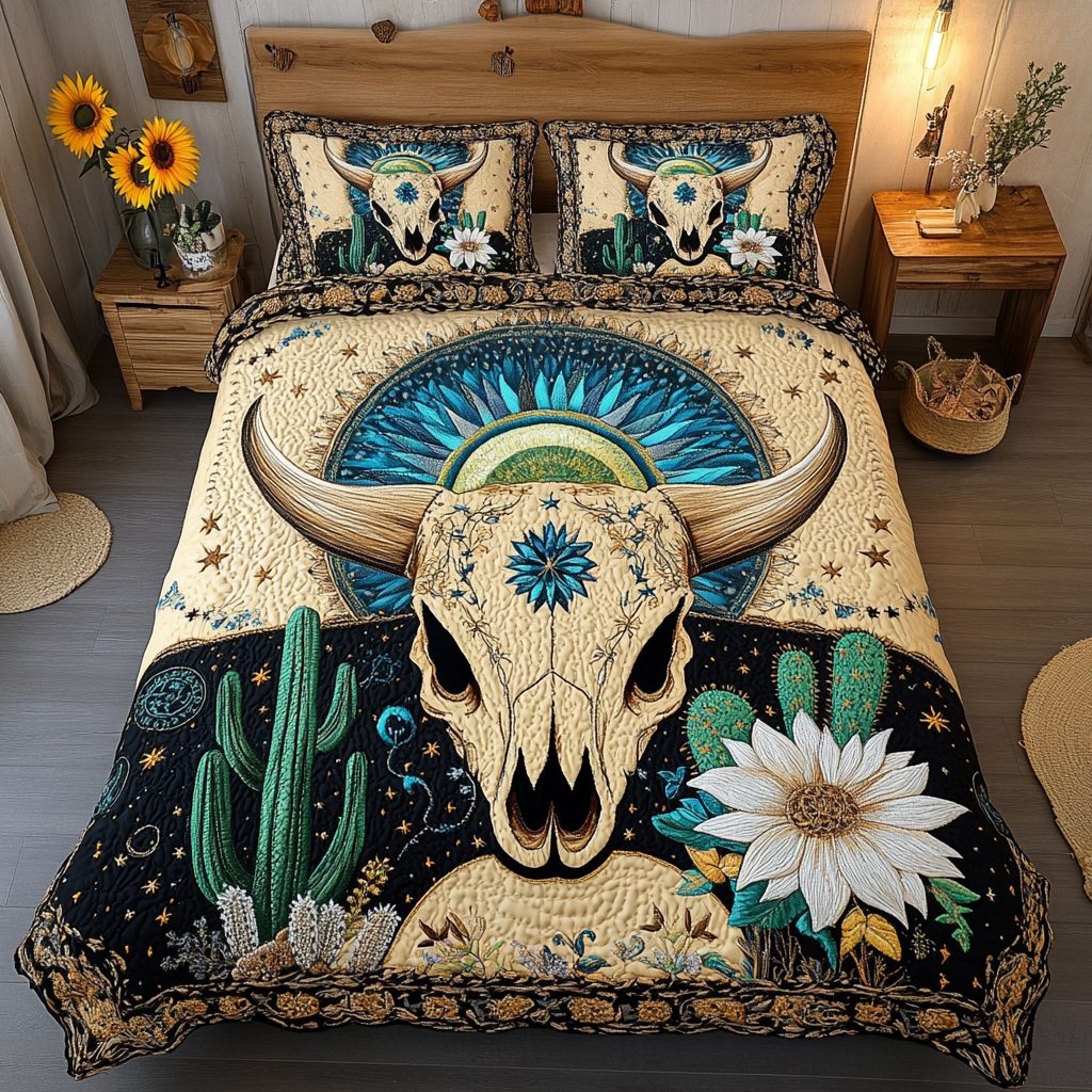 Boho Chic quilted 3-piece bedding set on a made bed with two matching pillow shams