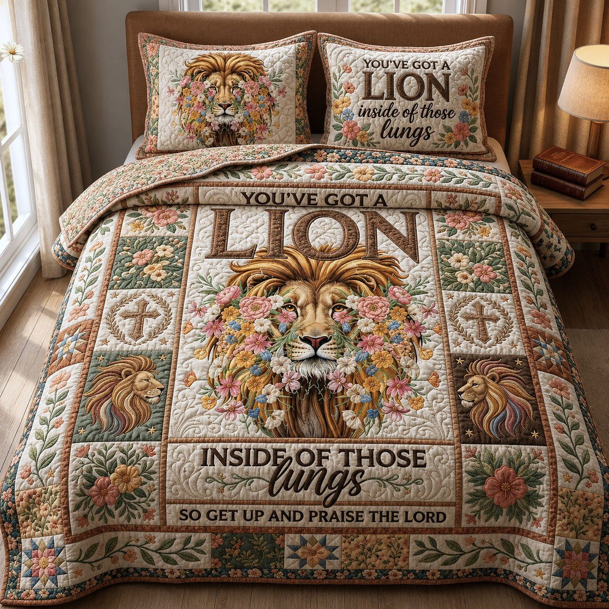 Boho Christian Lion quilted 3-piece bedding set on a made bed in a softly lit bedroom