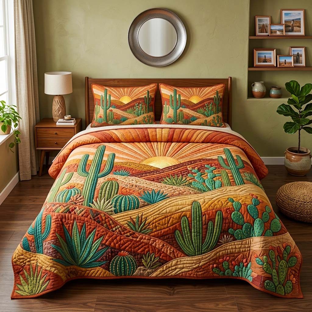 Boho Desert quilted 3-piece bedding set on a made bed with two matching pillow shams