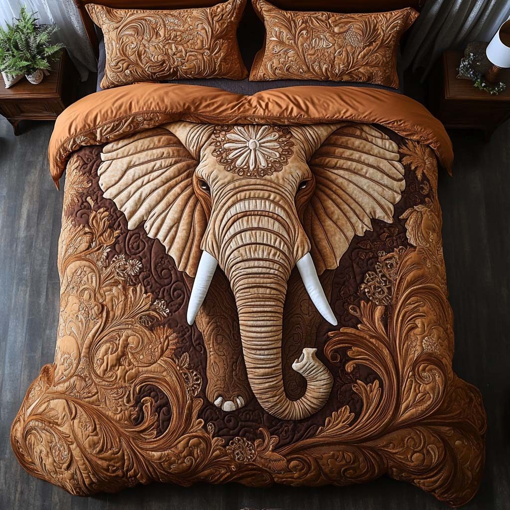 Boho Elephant quilted 3-piece bedding set on a made bed with two matching pillow shams
