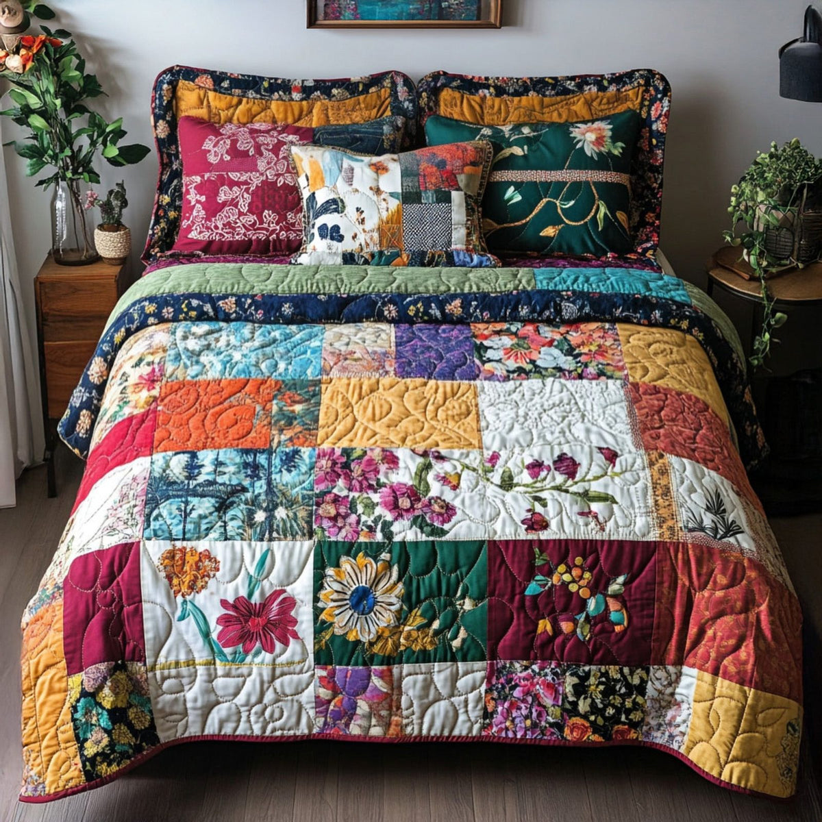 Boho Essence quilted 3-piece bedding set on a made bed with two matching pillow shams