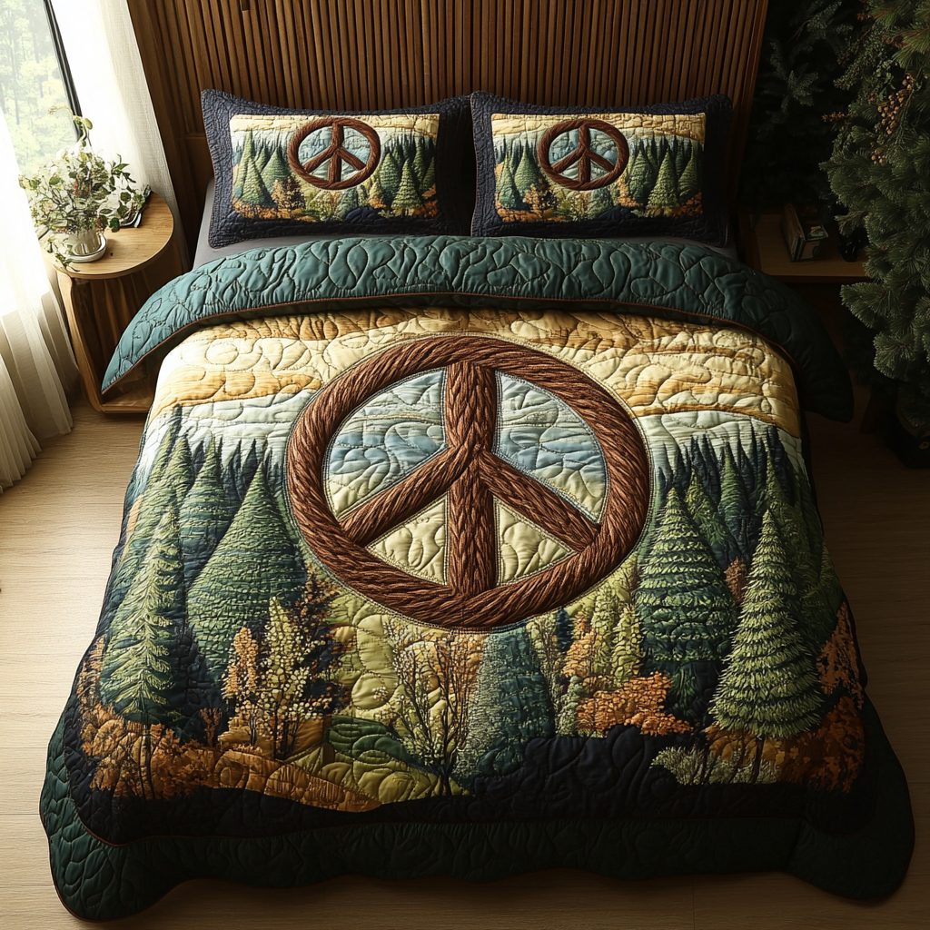Boho Forest Bliss quilted 3-piece bedding set on a made bed with two matching pillow shams