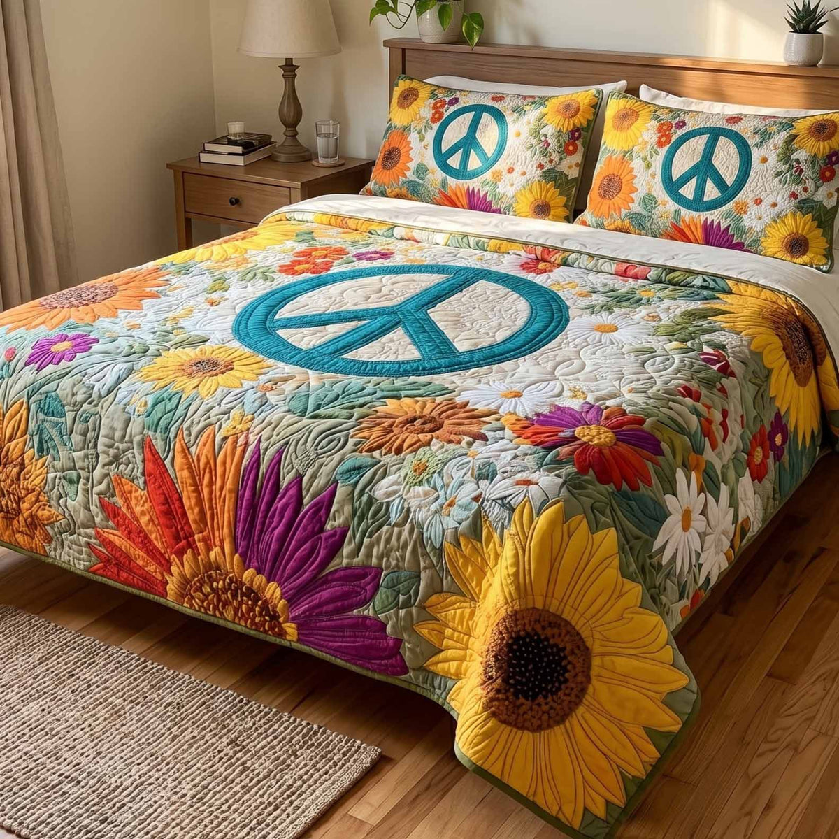 Boho Harmony quilted 3-piece bedding set on a made bed with two matching pillow shams