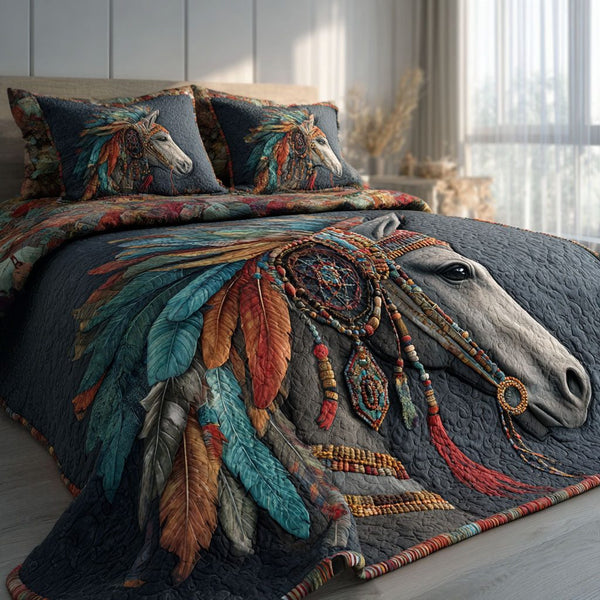 Boho Horse quilted 3-piece bedding set on a made bed in a rustic timber bedroom
