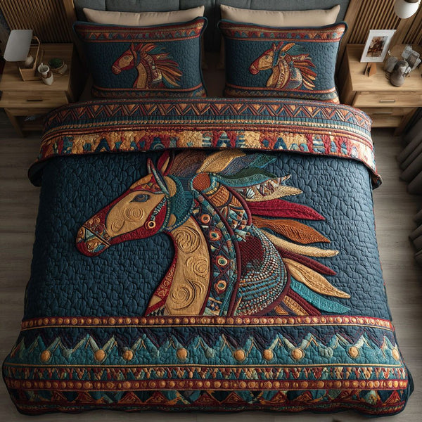 Boho Horse quilted 3-piece bedding set on a made bed in a rustic timber bedroom
