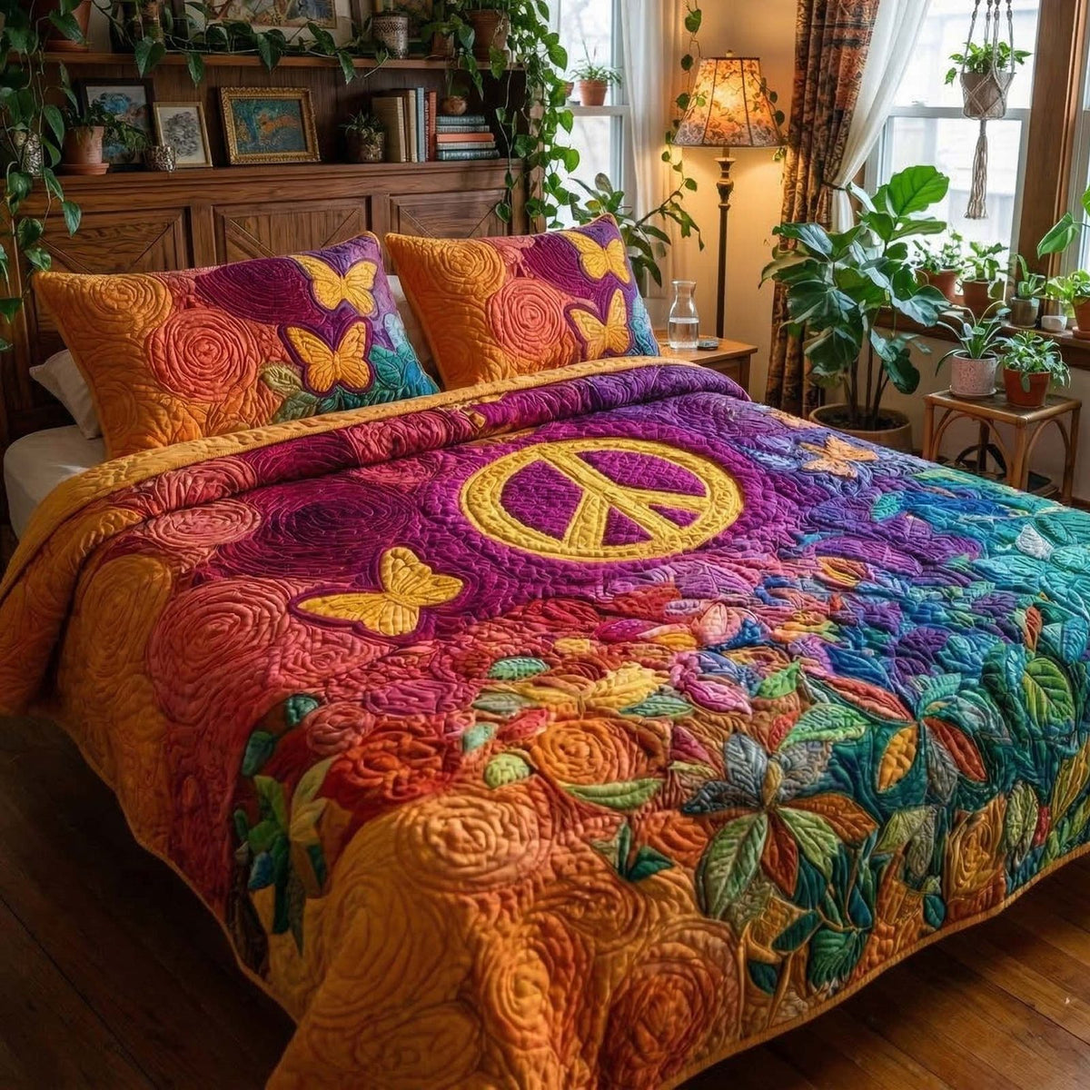 Boho Peace quilted 3-piece bedding set on a made bed with two matching pillow shams