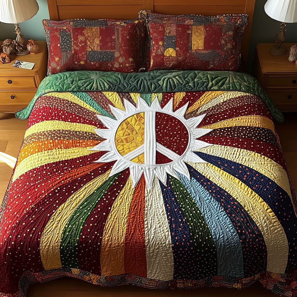 Boho Peace Sun quilted 3-piece bedding set on a made bed with two matching pillow shams