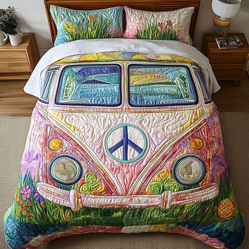 Boho Peace Van quilted 3-piece bedding set on a made bed with two matching pillow shams