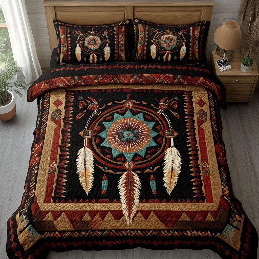 Boho Spirit quilted 3-piece bedding set on a made bed with two matching pillow shams