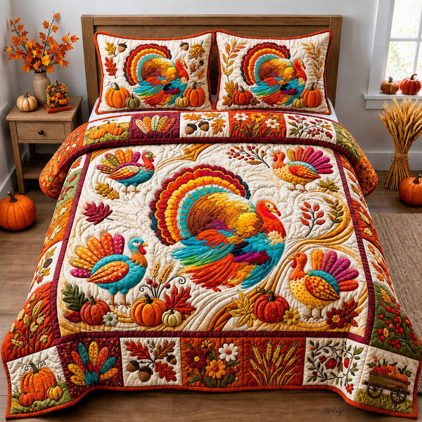 Boho Turkey quilted 3-piece bedding set on a made bed with two matching pillow shams