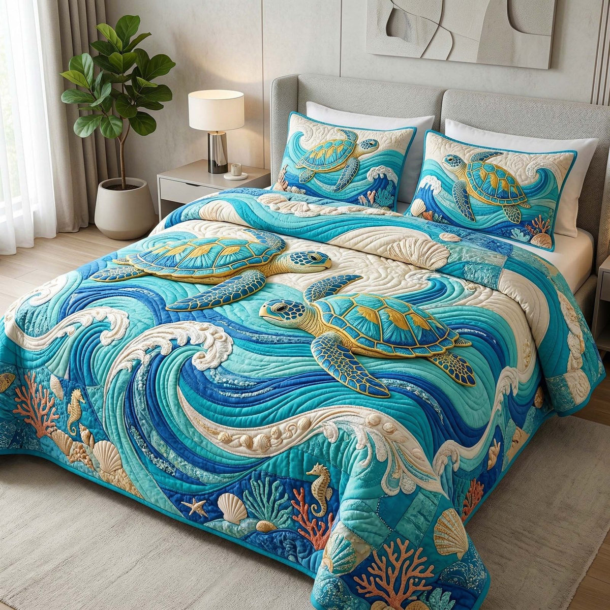 Boho Turtle quilted 3-piece bedding set on a made bed in a light coastal bedroom