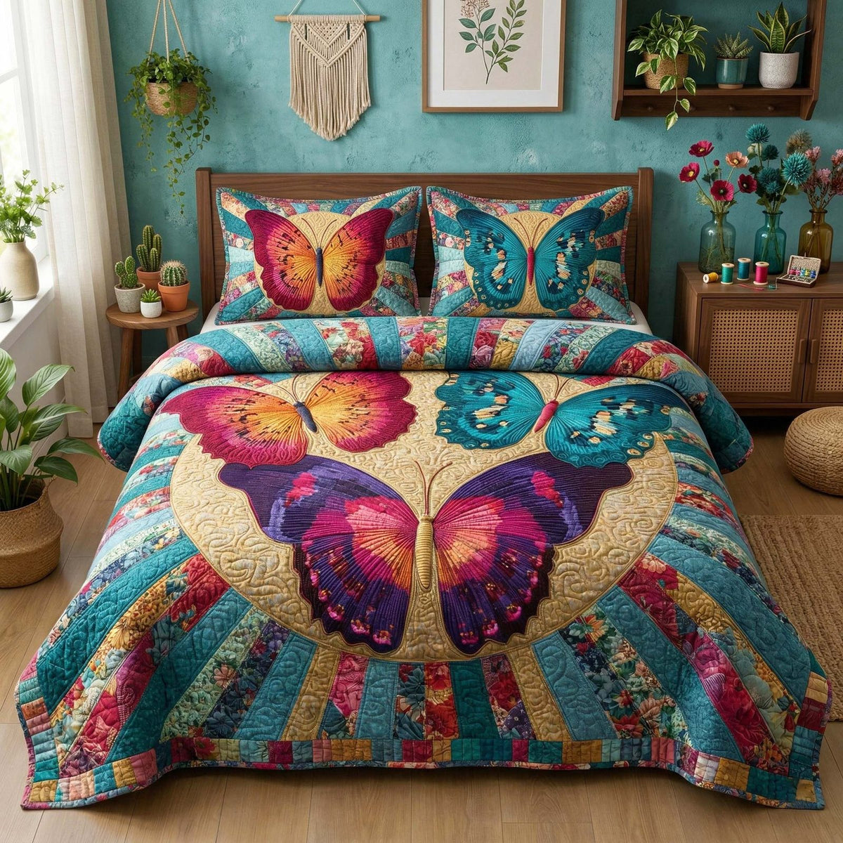 Boho Wings quilted 3-piece bedding set on a made bed with two matching pillow shams