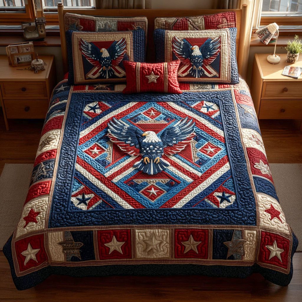 Bold and Brave quilted 3-piece bedding set on a made bed with two matching pillow shams