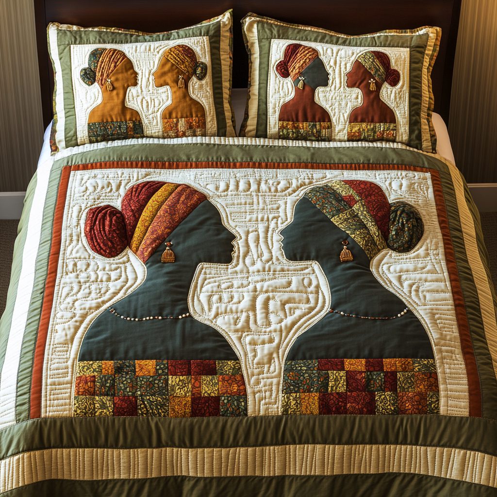 Bold Beauty quilted 3-piece bedding set on a made bed with two matching pillow shams