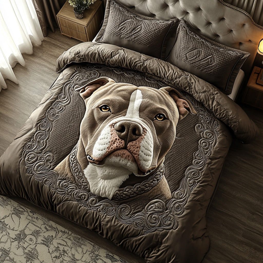 Bold Bite quilted 3-piece bedding set on a made bed with two matching pillow shams