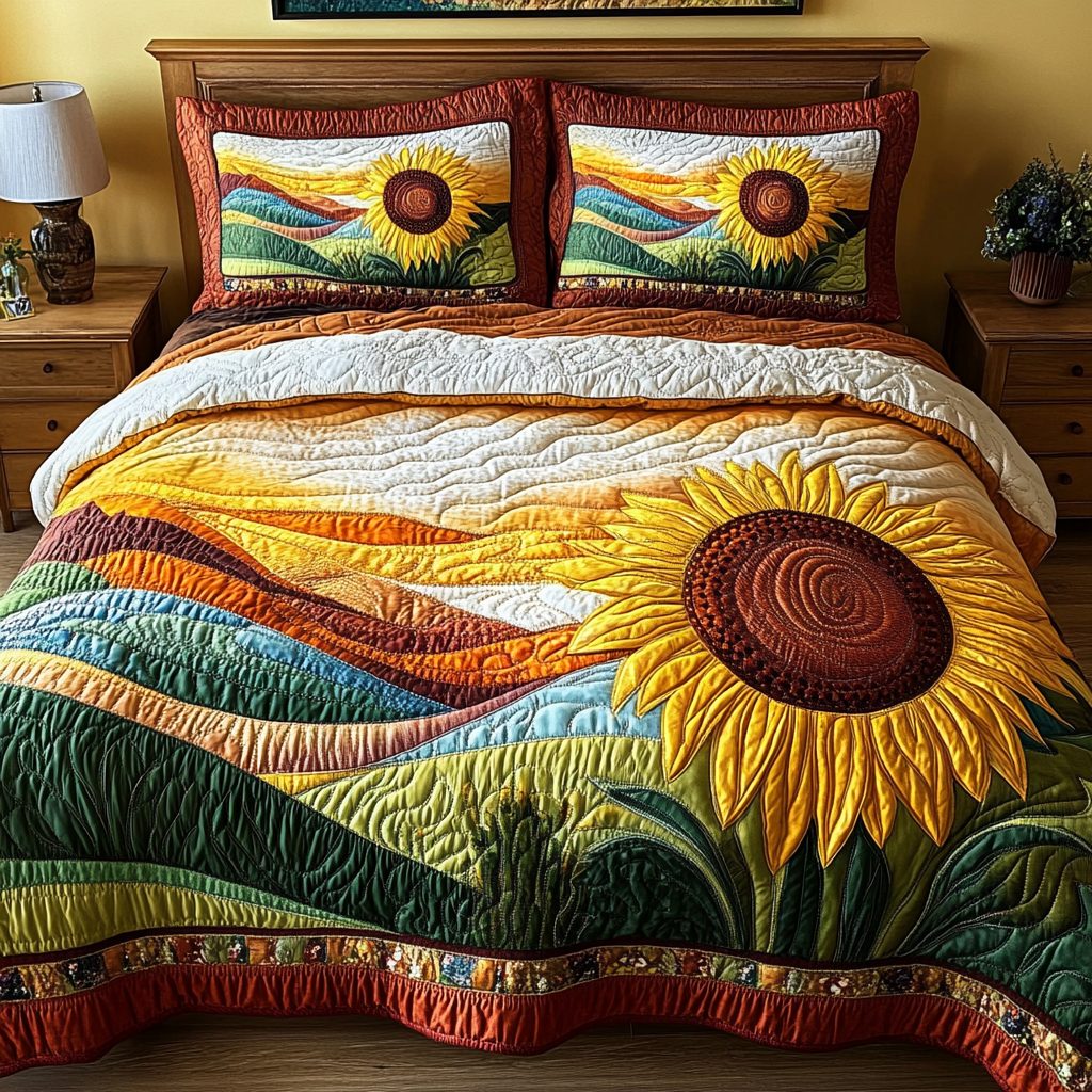 Bold Bloom quilted 3-piece bedding set on a made bed with two matching pillow shams