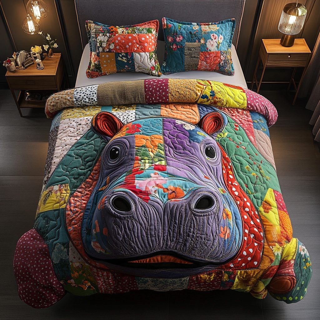 Bold Buddy quilted 3-piece bedding set on a made bed with two matching pillow shams