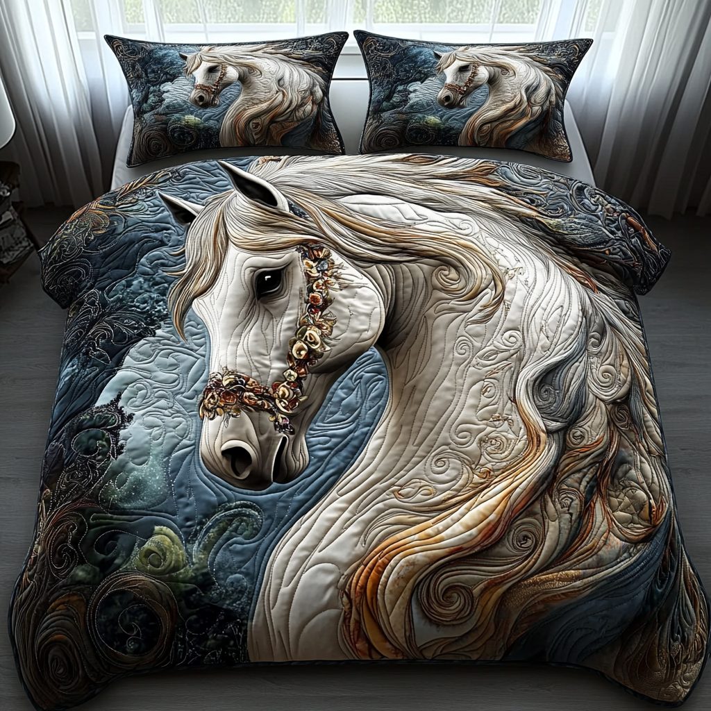 Bold Elegance quilted 3-piece bedding set on a made bed with two matching pillow shams