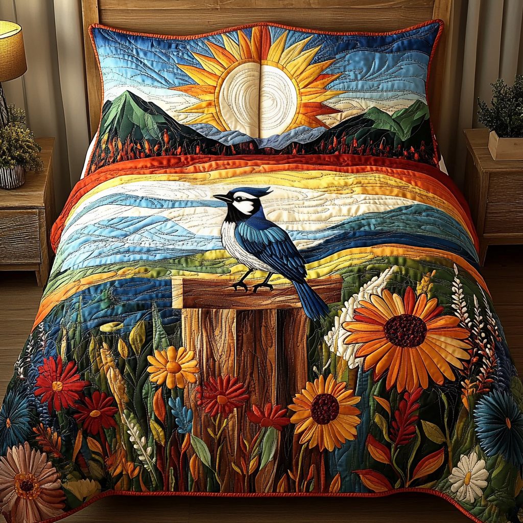 Bold Flight quilted 3-piece bedding set on a made bed with two matching pillow shams