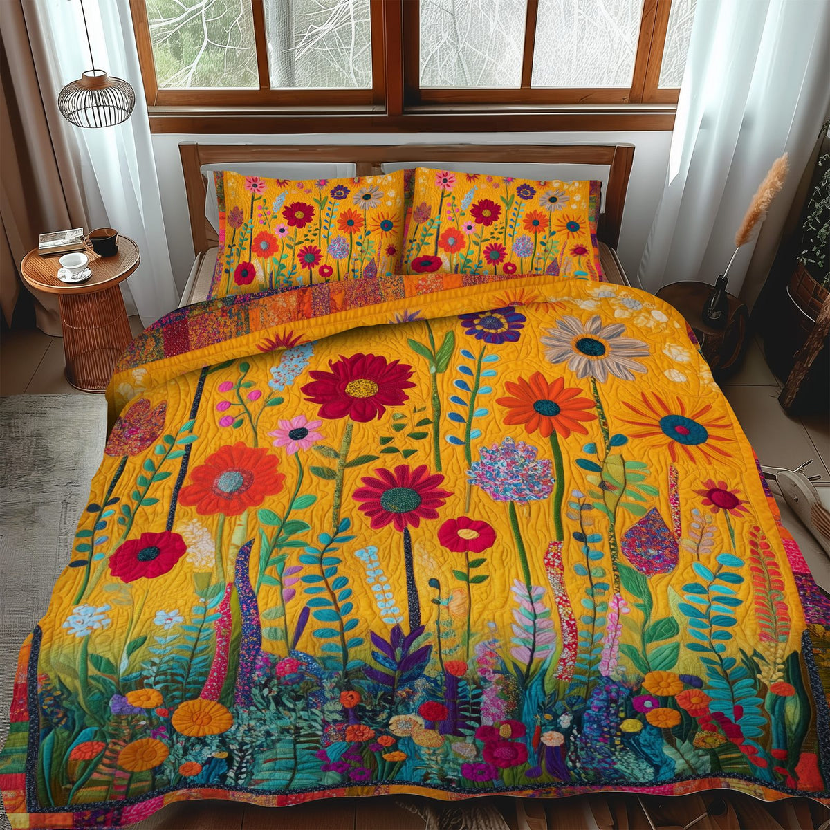 Bold Flowers quilted 3-piece bedding set on a made bed with two matching pillow shams