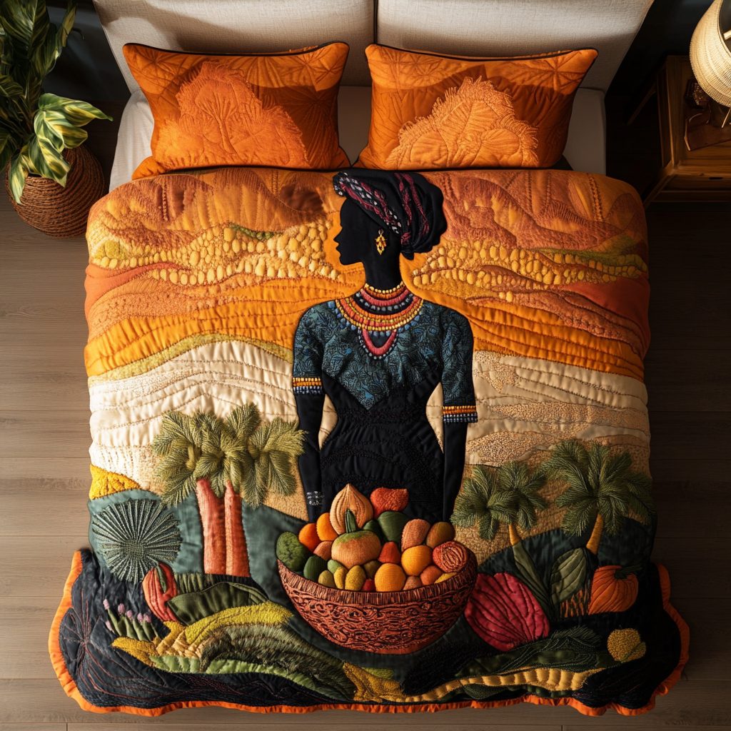 Bold Grace quilted 3-piece bedding set on a made bed with two matching pillow shams