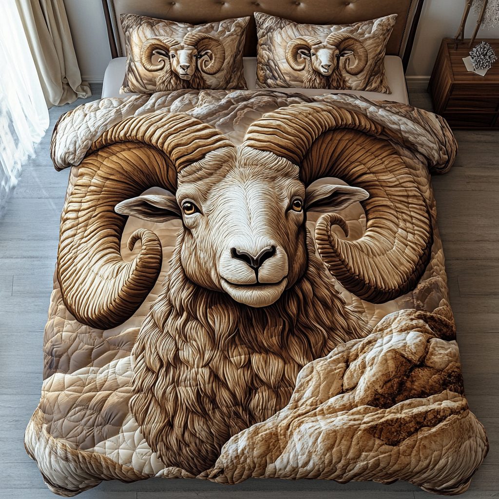 Bold Horns quilted 3-piece bedding set on a made bed with two matching pillow shams